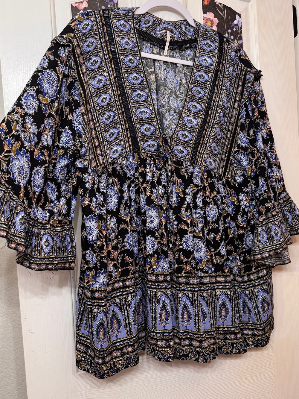 Free People Black and Periwinkle Boho Floral V-Neck Tunic